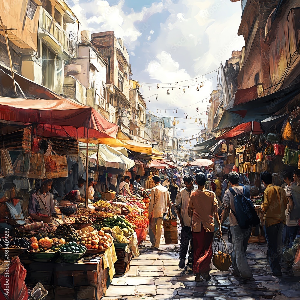 Naklejka premium A photo realistic illustration of a vibrant street market, bustling crowds, colorful stalls, and exotic goods, capturing the energy and diversity of cultural exchange