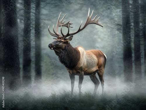 Fototapeta Naklejka Na Ścianę i Meble -  Majestic Elk Silhouette Emerging from Misty Forest Landscape
