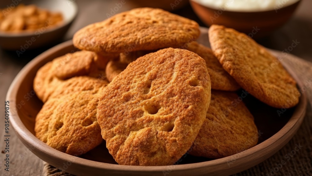 Deliciously baked golden cookies in a rustic bowl Deliciously baked golden cookies in a rustic bowl