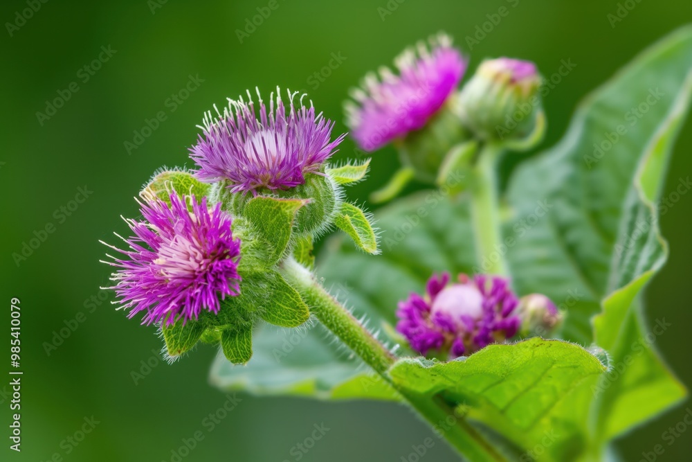 Close-up of flowering greater burdock with prickly stems, purple flowers. Beautiful, colourful blooms attract pollinators in natural meadow setting. Green leaves, stems surround blossoms in wild, Close-up of flowering greater burdock with prickly stems, purple flowers. Beautiful, colourful blooms attract pollinators in natural meadow setting. Green leaves, stems surround blossoms in wild,