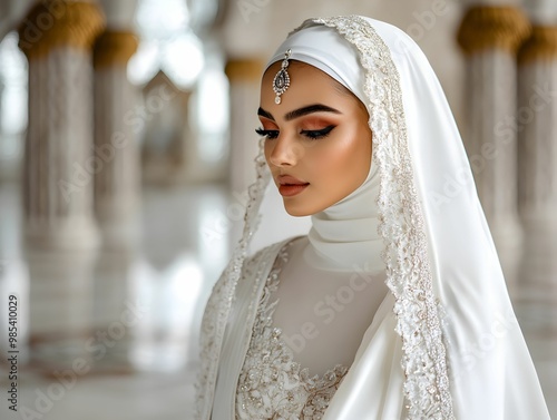 A woman wearing a white veil and a white dress is standing in front of a pillar