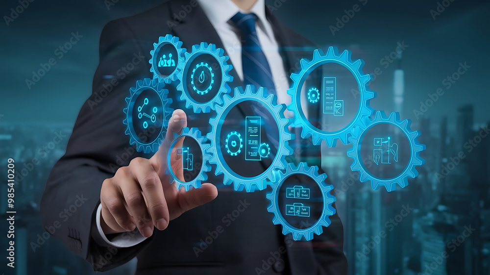data integration concept with gears and icons in a futuristic, Digital transformation, Information systems, Data processing, System integration data integration concept with gears and icons in a futuristic, Digital transformation, Information systems, Data processing, System integration