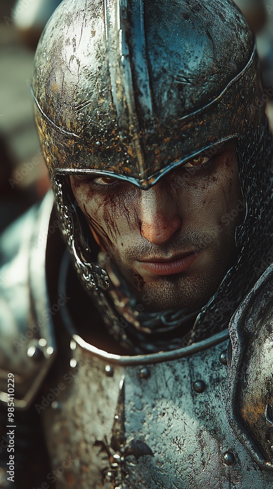 Medieval knight in worn armor. Medieval knight in worn armor.