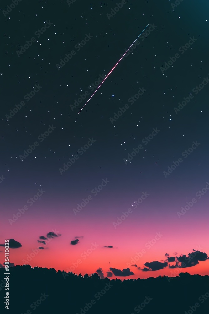 A photorealistic image of a starry night sky, with a shooting star streaking across the horizon A photorealistic image of a starry night sky, with a shooting star streaking across the horizon
