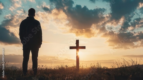 A person in prayer before a wooden cross, sunlight breaking through clouds, symbolizing the beauty of sacrifice