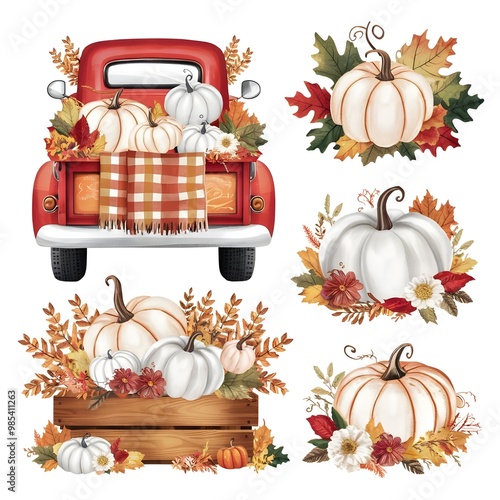 A charming illustration of a vintage red truck, decorated with white pumpkins, a checkered blanket, and a variety of colorful fall leaves