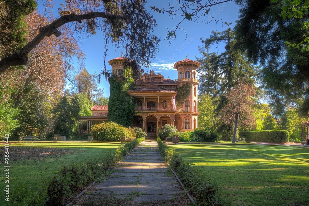 Luxury mansion in Chico, California, USA. Historic American architecture, beautiful yard with sunlight, sunny, beam of on mansion. Grand estate, landmark, famous house, popular destination for Luxury mansion in Chico, California, USA. Historic American architecture, beautiful yard with sunlight, sunny, beam of on mansion. Grand estate, landmark, famous house, popular destination for