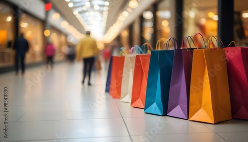 Colorful shopping bags in a shopping mall, with blurred backgrounds and lights.