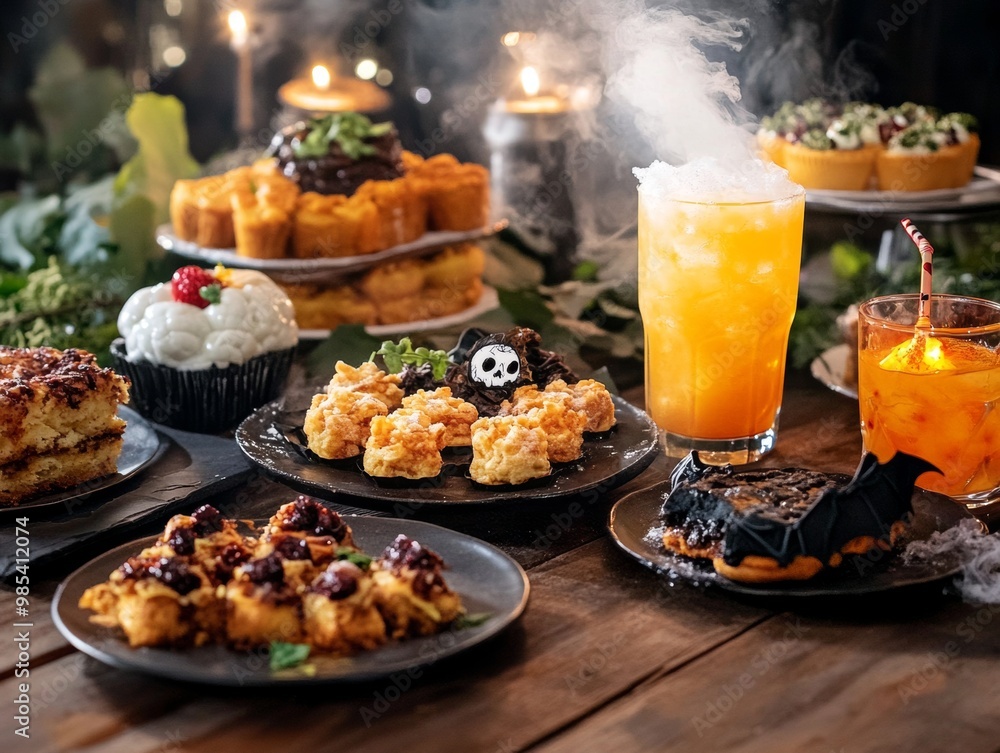 A haunted dining table filled with eerie treats like bat-winged pastries gory brain cakes A haunted dining table filled with eerie treats like bat-winged pastries gory brain cakes