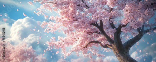 A photorealistic painting of a cherry blossom tree in full bloom, its delicate petals fluttering in the breeze, rendered in high-resolution 4K photo