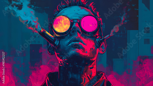 Acid yk print for t shirts vinyl or cd album covers streetwear merch fusion of cyberpunk and retrofuturism modern set.illustration. Streetwear. Illustration photo