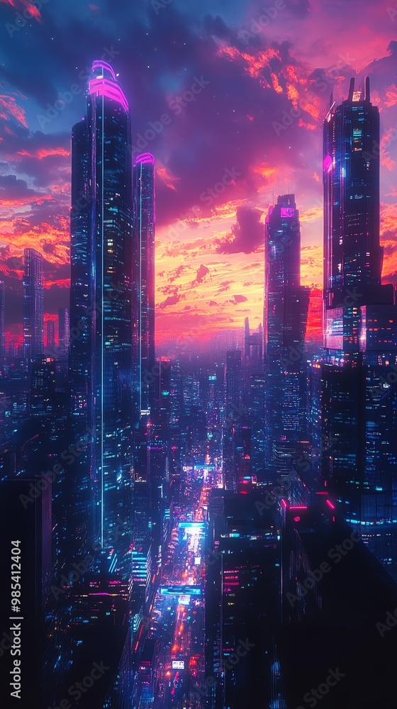 Fototapeta premium A photorealistic rendering of a futuristic cityscape, featuring sleek skyscrapers and glowing neon lights against a vibrant sunset sky