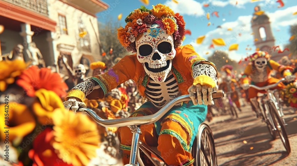 Skeletal figures in traditional Mexican attire ride bicycles through a festive street scene. Skeletal figures in traditional Mexican attire ride bicycles through a festive street scene.