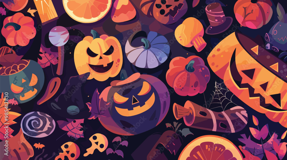 Flat lay Vector Illustration Arrangement of halloween party elements, Happy Halloween Flat lay Vector Illustration Arrangement of halloween party elements, Happy Halloween