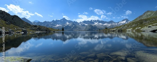 A serene mountain lake reflecting the surrounding peaks, its crystal-clear waters revealing the depths of nature's tranquility in 4K