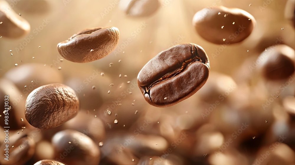 Roasted Coffee Beans Tumbling and Falling Through the Air in Captivating Motion Roasted Coffee Beans Tumbling and Falling Through the Air in Captivating Motion