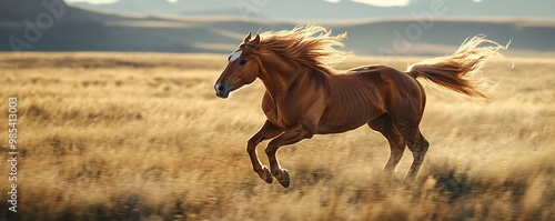 A spirited mustang galloping across a vast plain, its mane flowing behind it like a banner of freedom in 8K