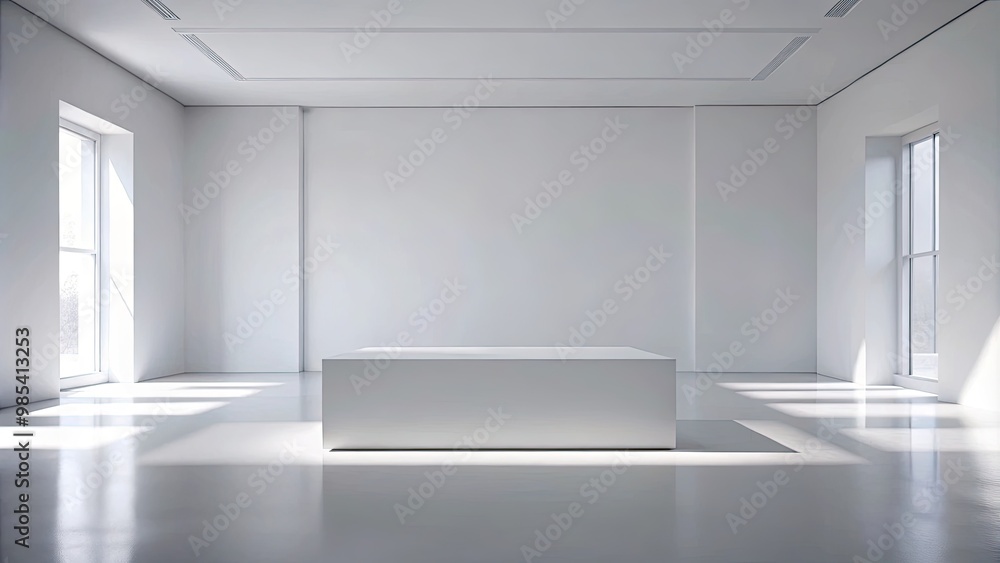 Fototapeta premium Minimalist white room with a simple rectangular platform.