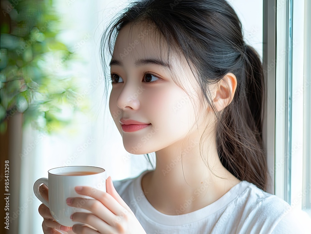 Serene Asian Woman Enjoying a Warm Drink by the Window on a Peaceful Morning Serene Asian Woman Enjoying a Warm Drink by the Window on a Peaceful Morning