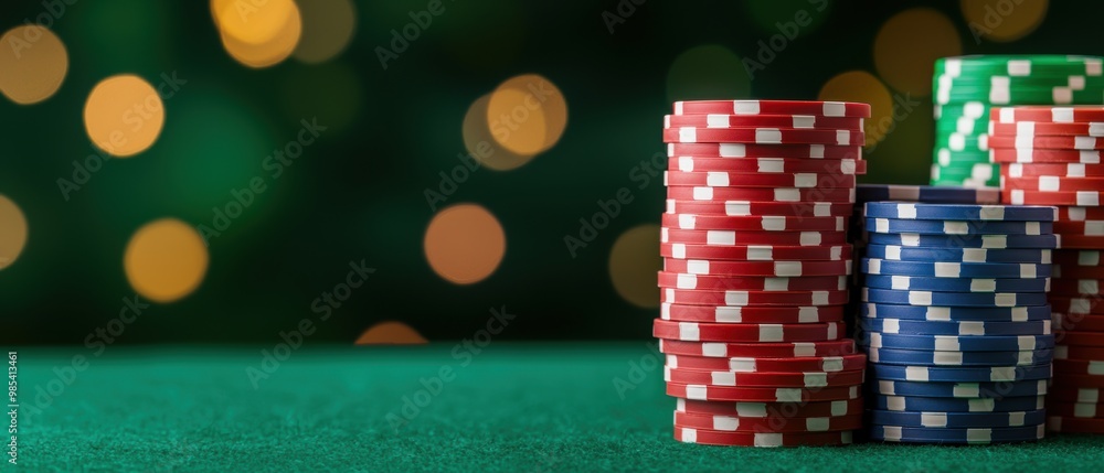 Fototapeta premium Poker Chips Stacked with Colorful Bokeh Background