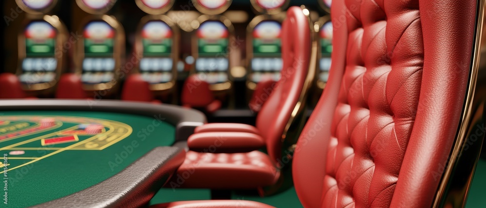 Obraz premium Elegant Casino Table with Red Chairs and Green Felt