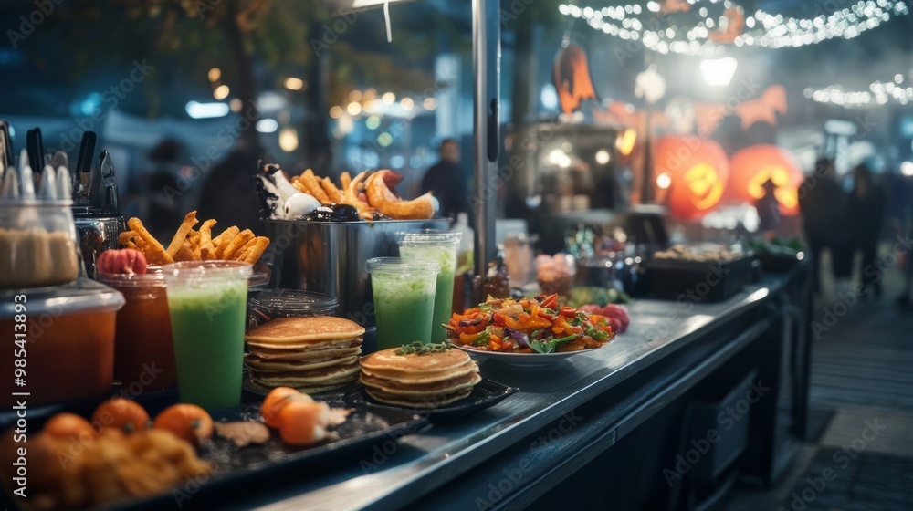 A haunted food cart at a Halloween fair serving spooky ghost-themed pancakes glowing green drinks A haunted food cart at a Halloween fair serving spooky ghost-themed pancakes glowing green drinks