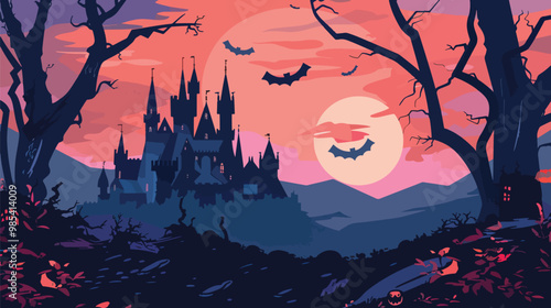 Flat lay Vector Illustration halloween background with castle, Happy Hallowee
