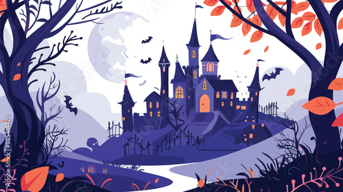 Flat lay Vector Illustration halloween background with castle, Happy Hallowee
