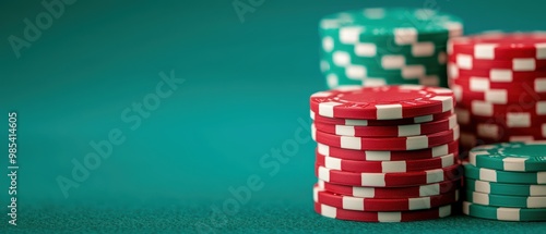 Stack of Colorful Poker Chips on Green Background