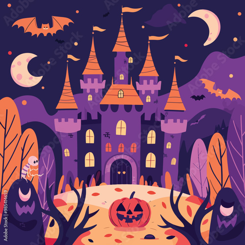 Flat lay Vector Illustration halloween background with castle, Happy Hallowee
