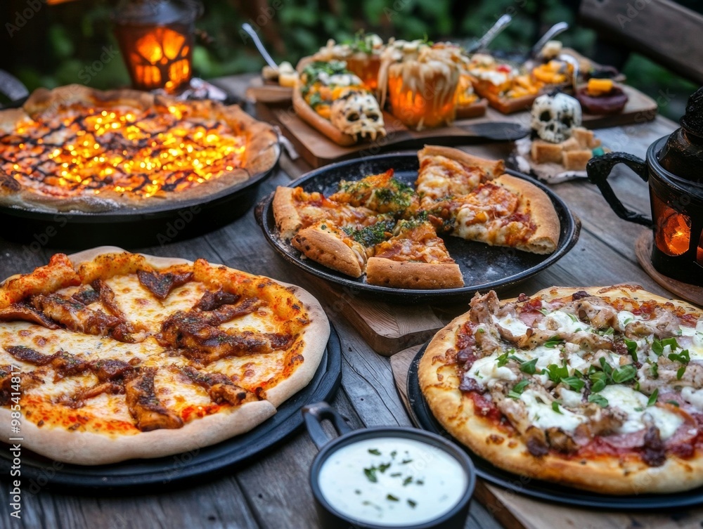 A haunted food festival with eerie-themed dishes like bat-wing pizza skull-shaped cookies A haunted food festival with eerie-themed dishes like bat-wing pizza skull-shaped cookies