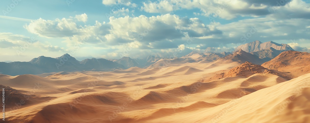 Naklejka premium A vast desert stretching as far as the eye can see, its rolling sand dunes and sparse vegetation creating a sense of desolation and wonder in 8K