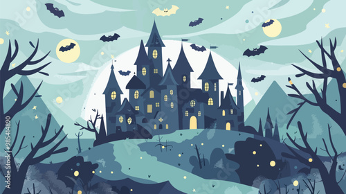 Flat lay Vector Illustration halloween background with castle, Happy Hallowee
