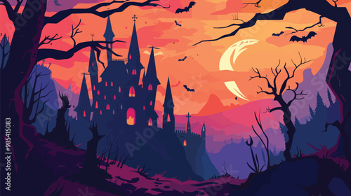 Flat lay Vector Illustration halloween background with castle, Happy Hallowee
