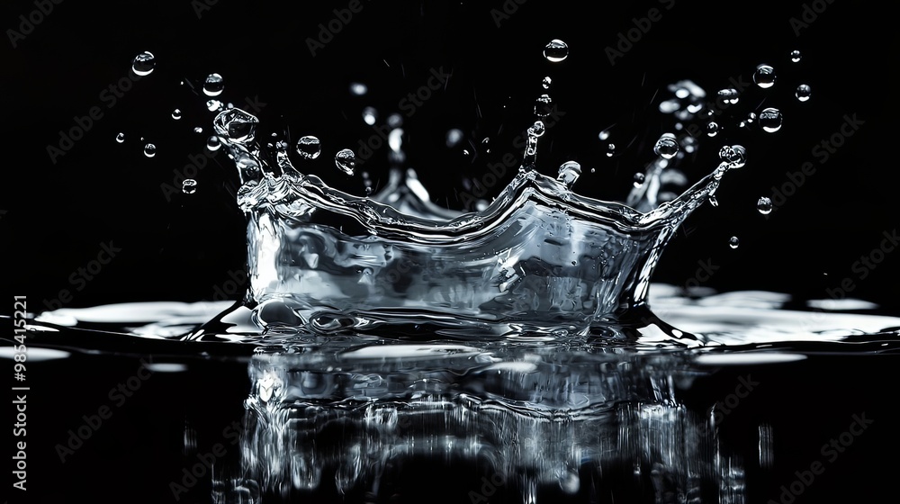 Splashing Transparent Liquid Against Reflective Black Surface Splashing Transparent Liquid Against Reflective Black Surface
