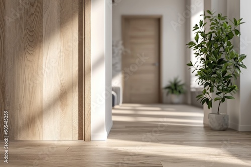 Stylish wooden texture door in a corridor of a modern house with houseplants decor and wooden flooring in natural light. Contemporary interior design