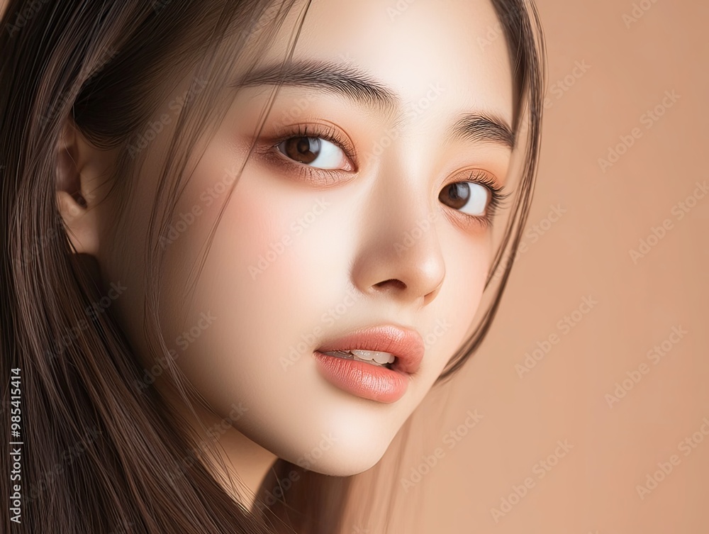 Fototapeta premium Striking Close Up Portrait of a Captivating Asian Woman with Flawless Skin and Graceful Elegance