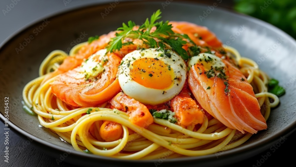 Deliciously crafted pasta dish with a sunnysideup egg on top Deliciously crafted pasta dish with a sunnysideup egg on top
