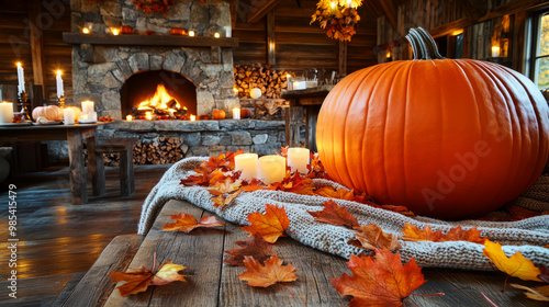 A cozy autumn scene featuring a large pumpkin on a wooden table, surrounded by colorful leaves and candles, with a warm fireplace in a rustic setting. photo