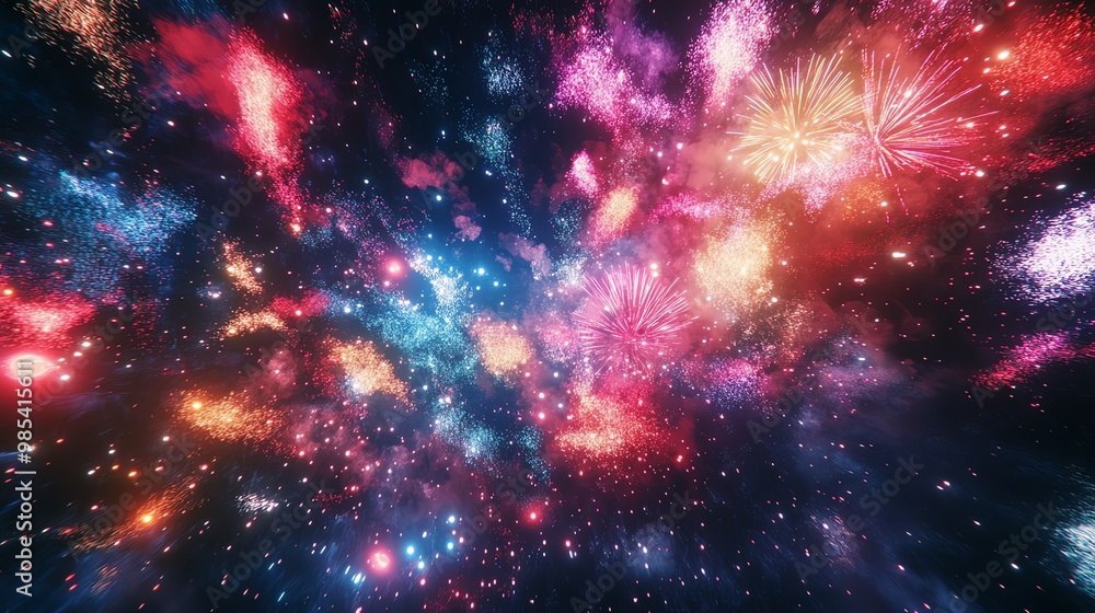 Fototapeta premium A vibrant fireworks display erupting across the night sky, its colorful bursts illuminating the heavens in a spectacle of light and magic in 8K