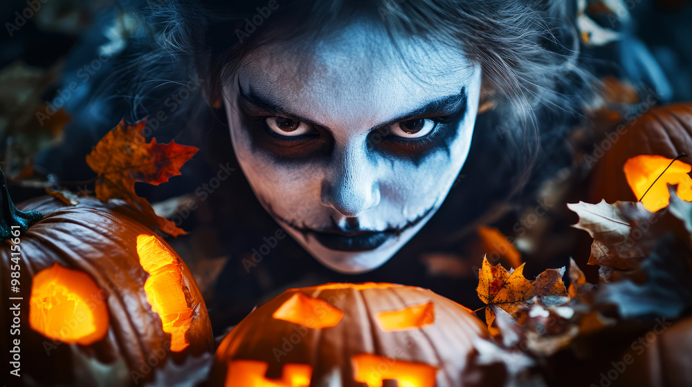 A spooky-themed image featuring a person with face paint surrounded by carved pumpkins and autumn leaves, evoking a Halloween atmosphere. A spooky-themed image featuring a person with face paint surrounded by carved pumpkins and autumn leaves, evoking a Halloween atmosphere.