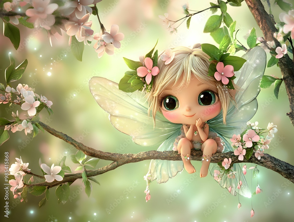 A fairy is sitting on a branch with pink flowers A fairy is sitting on a branch with pink flowers