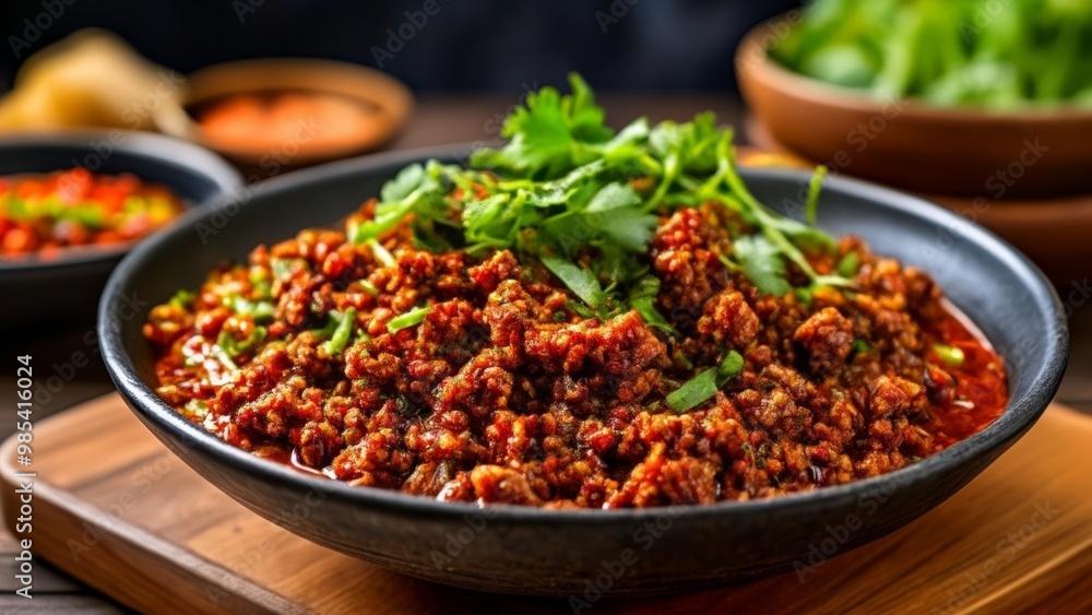 Deliciously spiced meat dish ready to be savored Deliciously spiced meat dish ready to be savored