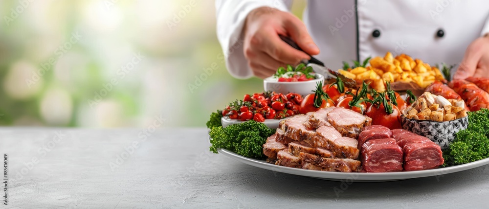Chef Preparing Platter with Fresh Ingredients and Meats Chef Preparing Platter with Fresh Ingredients and Meats