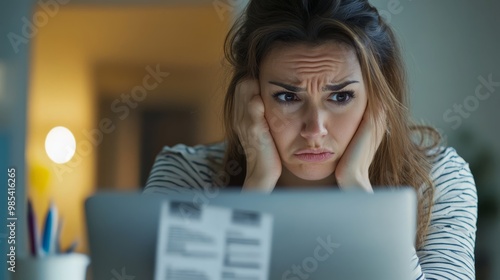 Businesswoman frowning at a computer screen showing overdue notices, illustrating delinquent accounts, financial management, stress