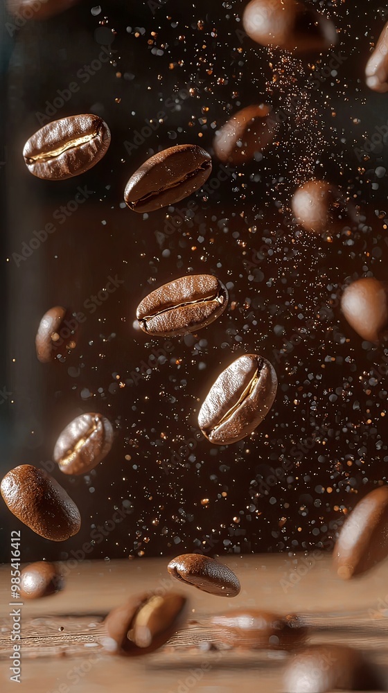 Suspended Coffee Beans in Mid motion with a Focused Background Suspended Coffee Beans in Mid motion with a Focused Background