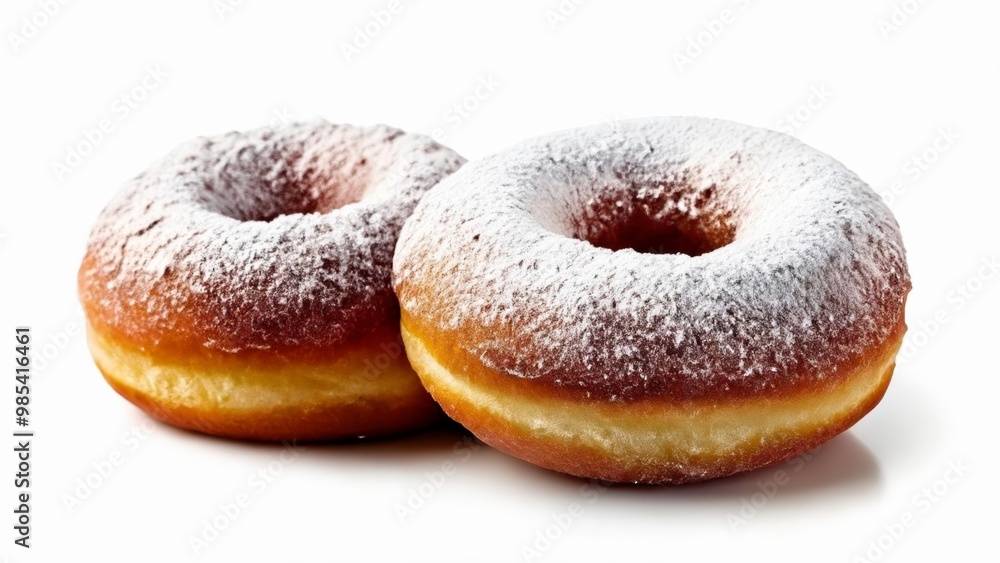 Sweet indulgence Two powdered sugarcoated donuts Sweet indulgence Two powdered sugarcoated donuts