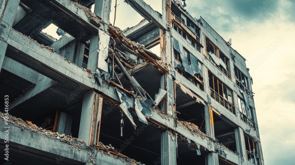 Crumbling corporate building with broken signs, Failure, company liquidation Crumbling corporate building with broken signs, Failure, company liquidation