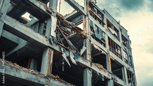 Crumbling corporate building with broken signs, Failure, company liquidation