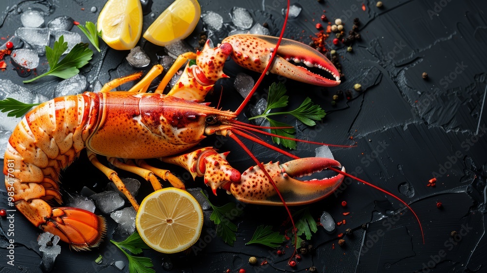 spiny lobster seafood on ice, fresh lobster or rock lobster with herb and spices lemon coriander parsley on dark background, raw spiny lobster for cooking food or seafood market - top view spiny lobster seafood on ice, fresh lobster or rock lobster with herb and spices lemon coriander parsley on dark background, raw spiny lobster for cooking food or seafood market - top view